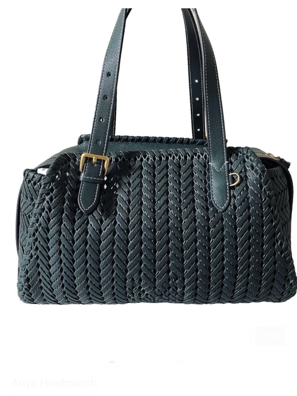 Anya Hindmarch Neeson Zip Top Handbag Woven Braided Leather Top Handle Green